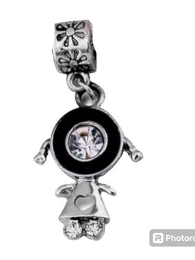 Silver Girl Charm Pendant with Black Accent and Clear Crystal